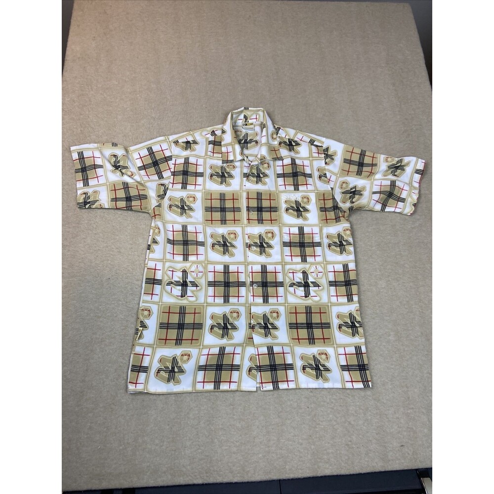 Southpole Shirt Beige Short Sleeve Button Up All Over Print Mens MEDIUM Vintage